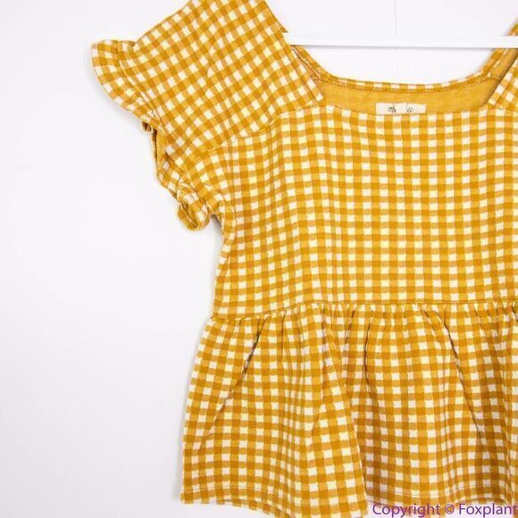 NEW Madewell Gingham Knit Ruffle-Hem Top, color: gold, L - Picture 4 of 16